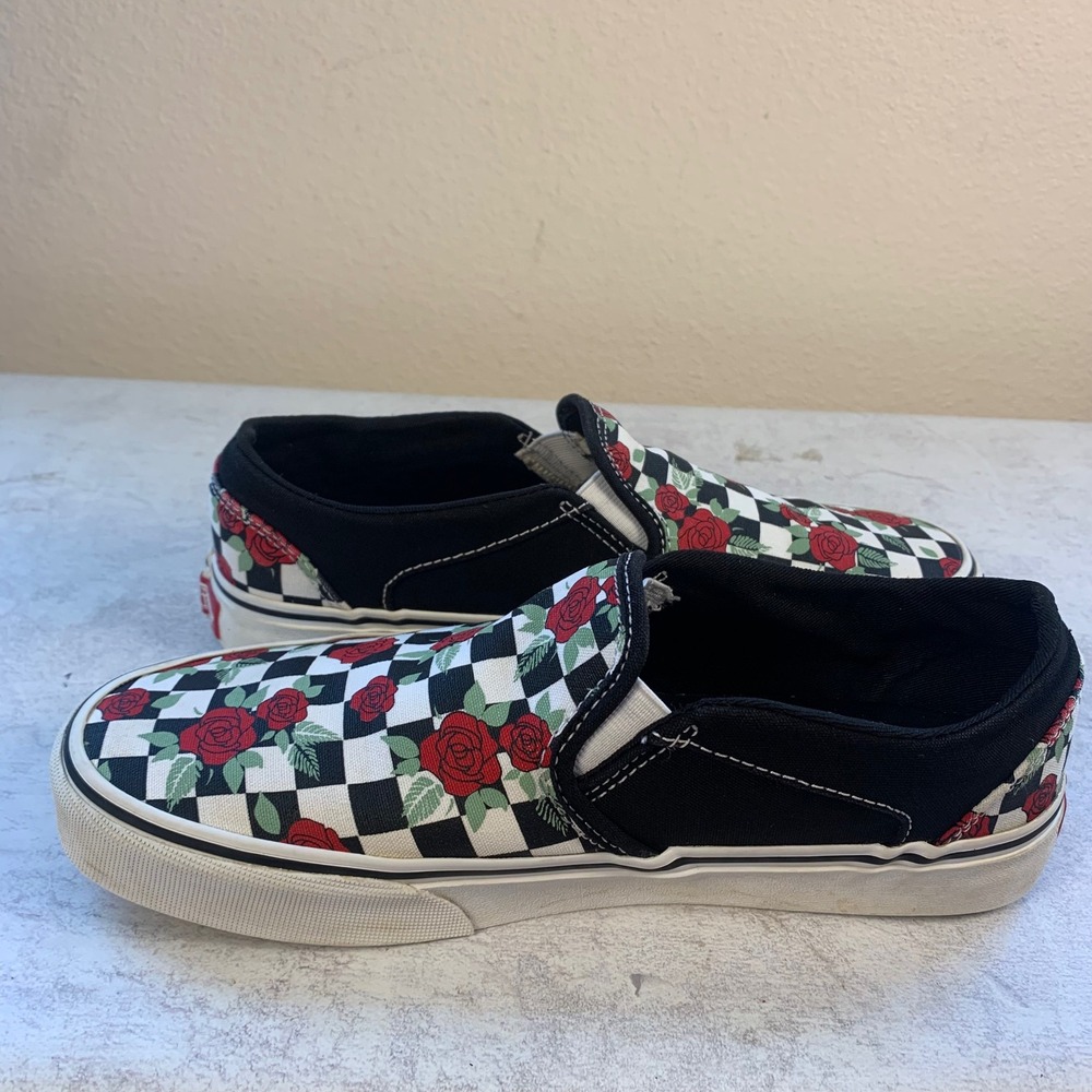 Vans Asher Womens 8 Rose Checkerboard Floral Slip On Sneakers Black White Red - Picture 5 of 10
